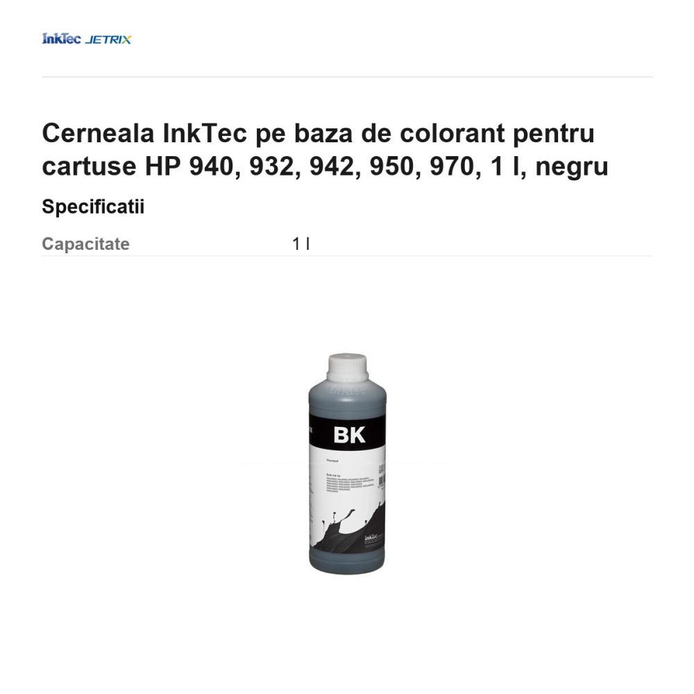 Cerneala InkTec pe baza de colorant pentru cartuse HP 940, 932, 942, 950, 970, 1 l, negru [3]