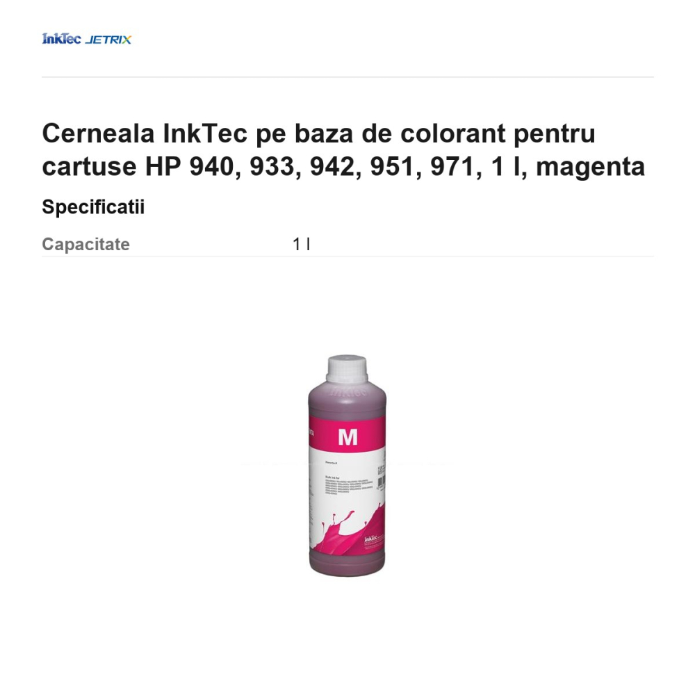 Cerneala InkTec pe baza de colorant pentru cartuse HP 940, 933, 942, 951, 971, 1 l, magenta [3]