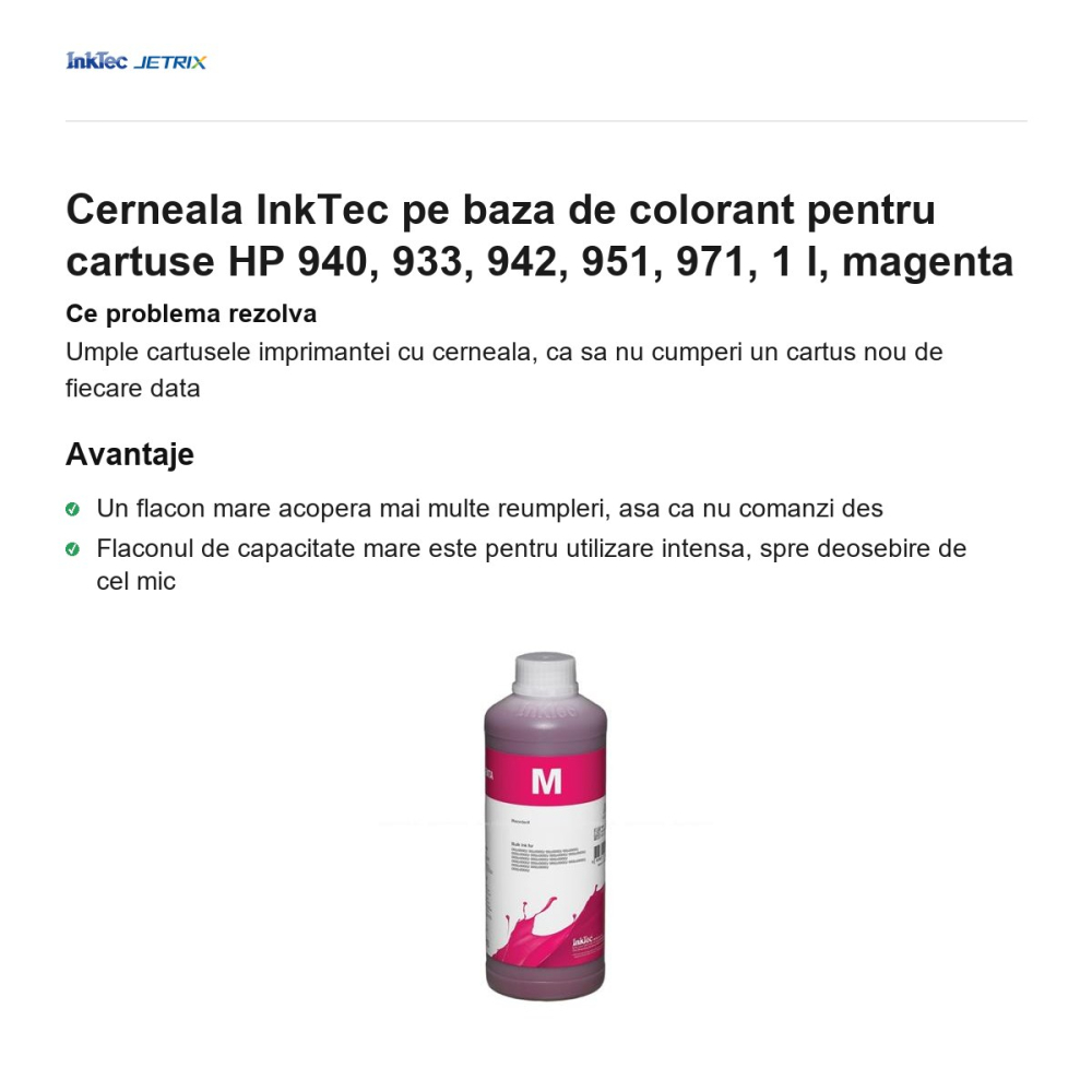 Cerneala InkTec pe baza de colorant pentru cartuse HP 940, 933, 942, 951, 971, 1 l, magenta [2]