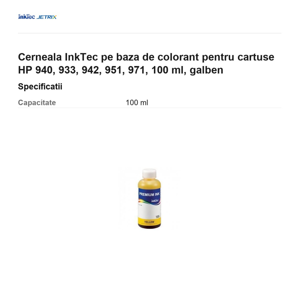 Cerneala InkTec pe baza de colorant pentru cartuse HP 940, 933, 942, 951, 971, 100 ml, galben [3]
