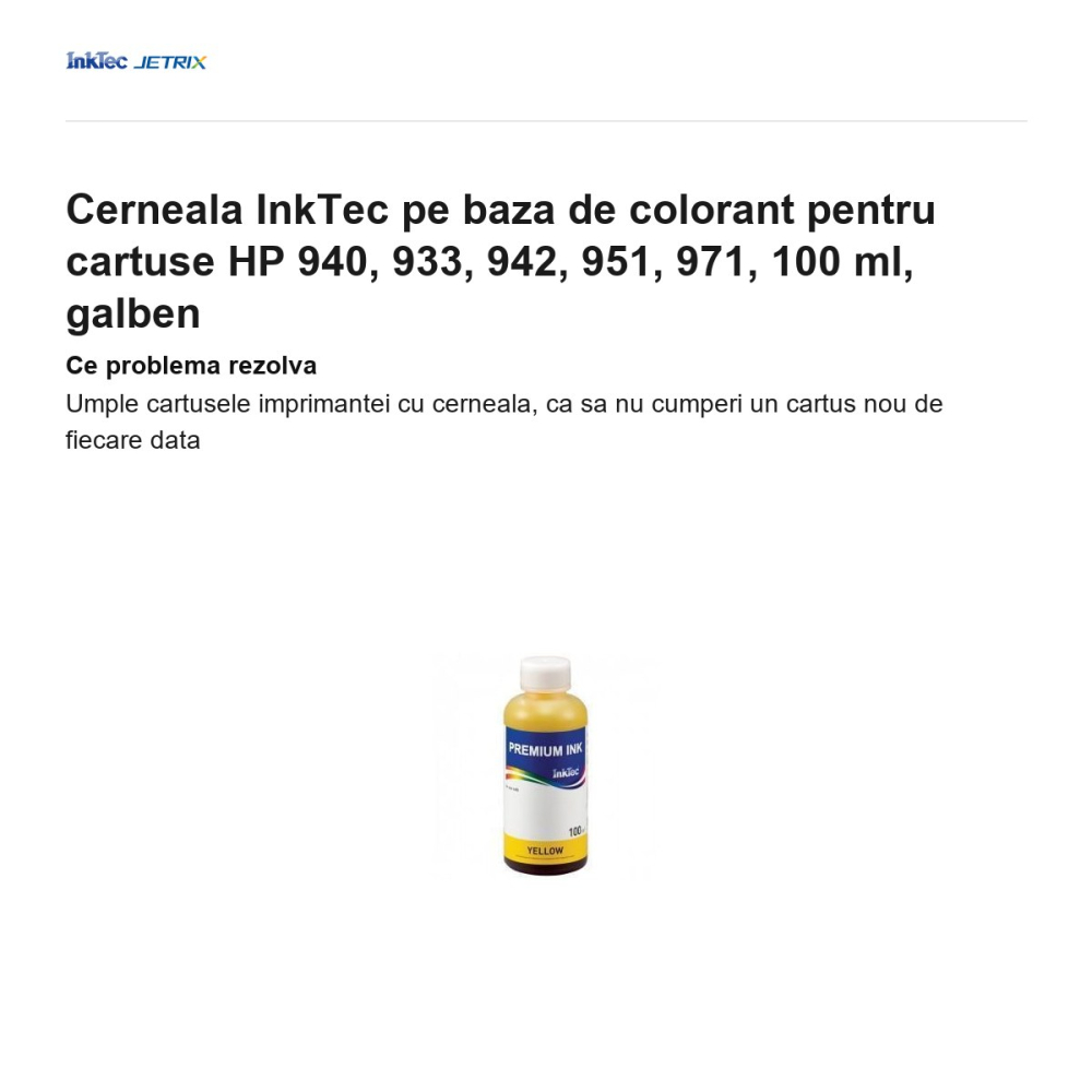 Cerneala InkTec pe baza de colorant pentru cartuse HP 940, 933, 942, 951, 971, 100 ml, galben [2]