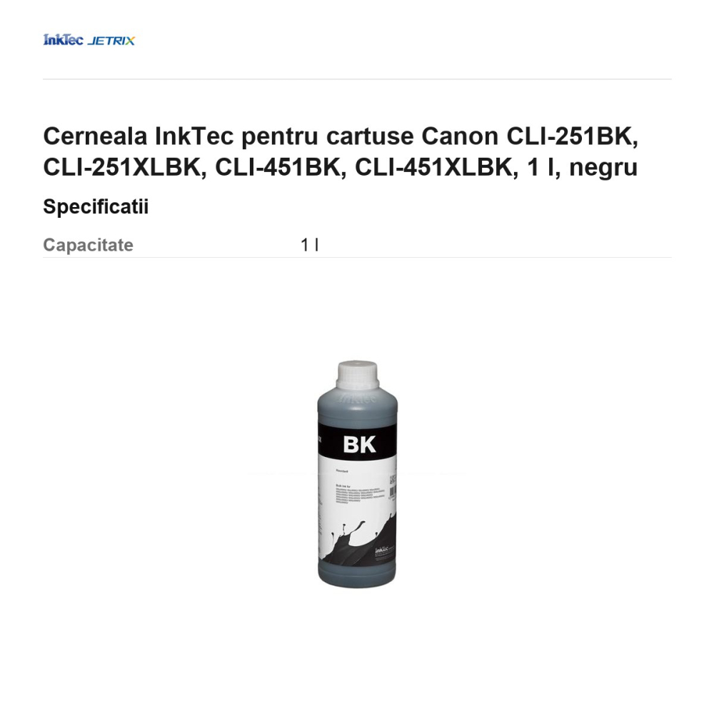 Cerneala InkTec pentru cartuse Canon CLI-251BK, CLI-251XLBK, CLI-451BK, CLI-451XLBK, 1 l, negru [3]