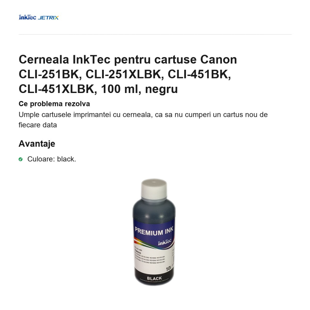 Cerneala InkTec pentru cartuse Canon CLI-251BK, CLI-251XLBK, CLI-451BK, CLI-451XLBK, 100 ml, negru [2]