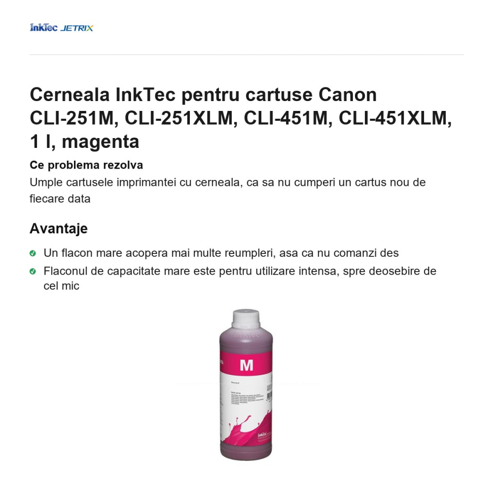 Cerneala InkTec pentru cartuse Canon CLI-251M, CLI-251XLM, CLI-451M, CLI-451XLM, 1 l, magenta [2]