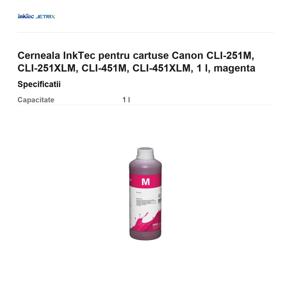 Cerneala InkTec pentru cartuse Canon CLI-251M, CLI-251XLM, CLI-451M, CLI-451XLM, 1 l, magenta [3]