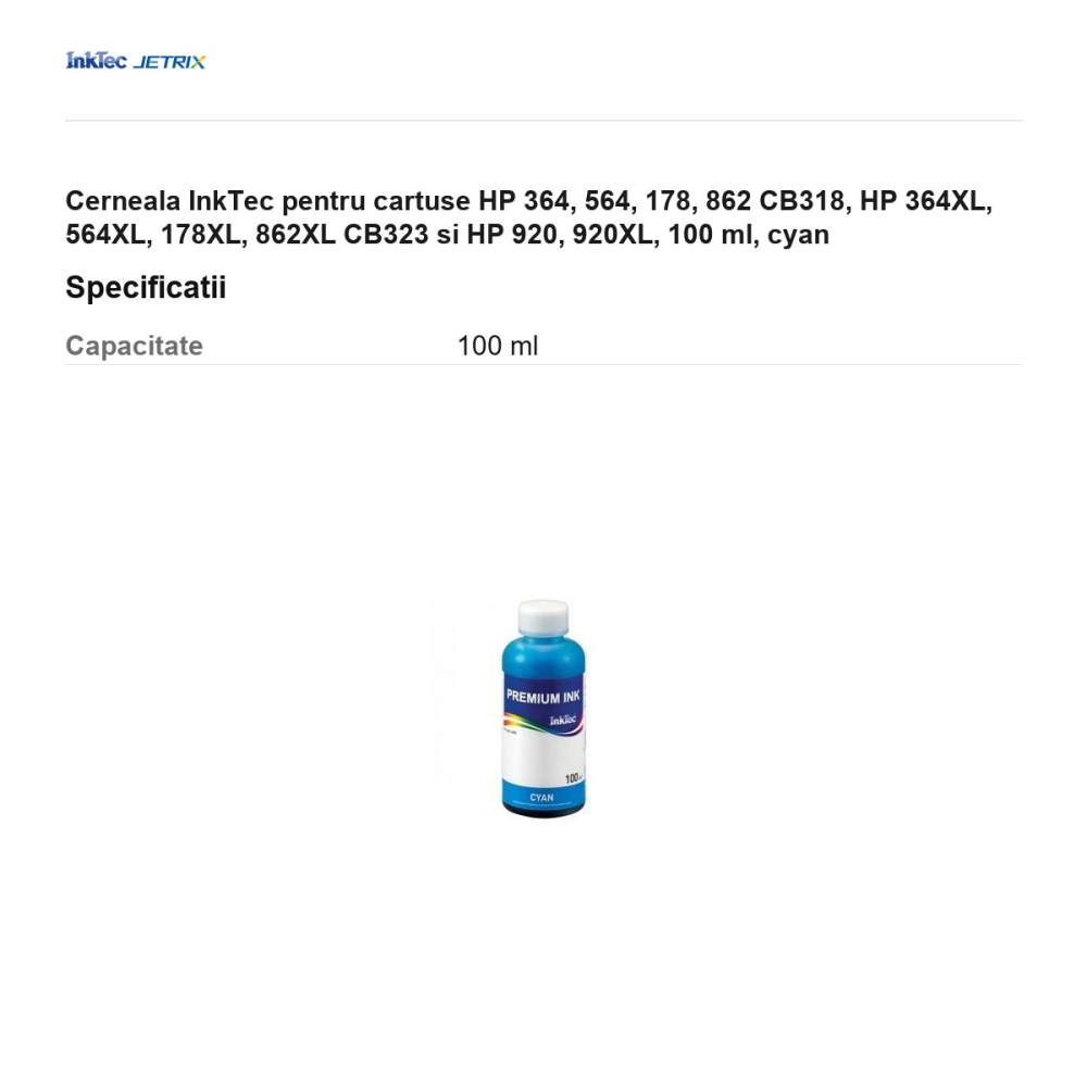 Cerneala InkTec pentru cartuse HP 364, 564, 178, 862 CB318, HP 364XL, 564XL, 178XL, 862XL CB323 si HP 920, 920XL, 100 ml, cyan [3]