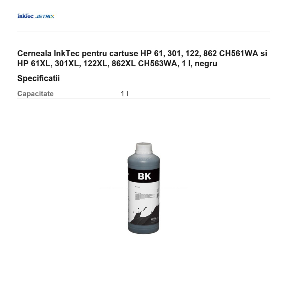 Cerneala InkTec pentru cartuse HP 61, 301, 122, 862 CH561WA si HP 61XL, 301XL, 122XL, 862XL CH563WA, 1 l, negru [3]