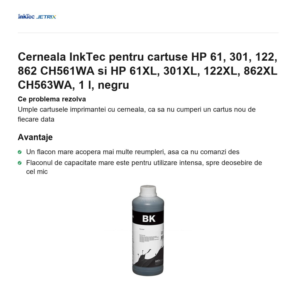 Cerneala InkTec pentru cartuse HP 61, 301, 122, 862 CH561WA si HP 61XL, 301XL, 122XL, 862XL CH563WA, 1 l, negru [2]