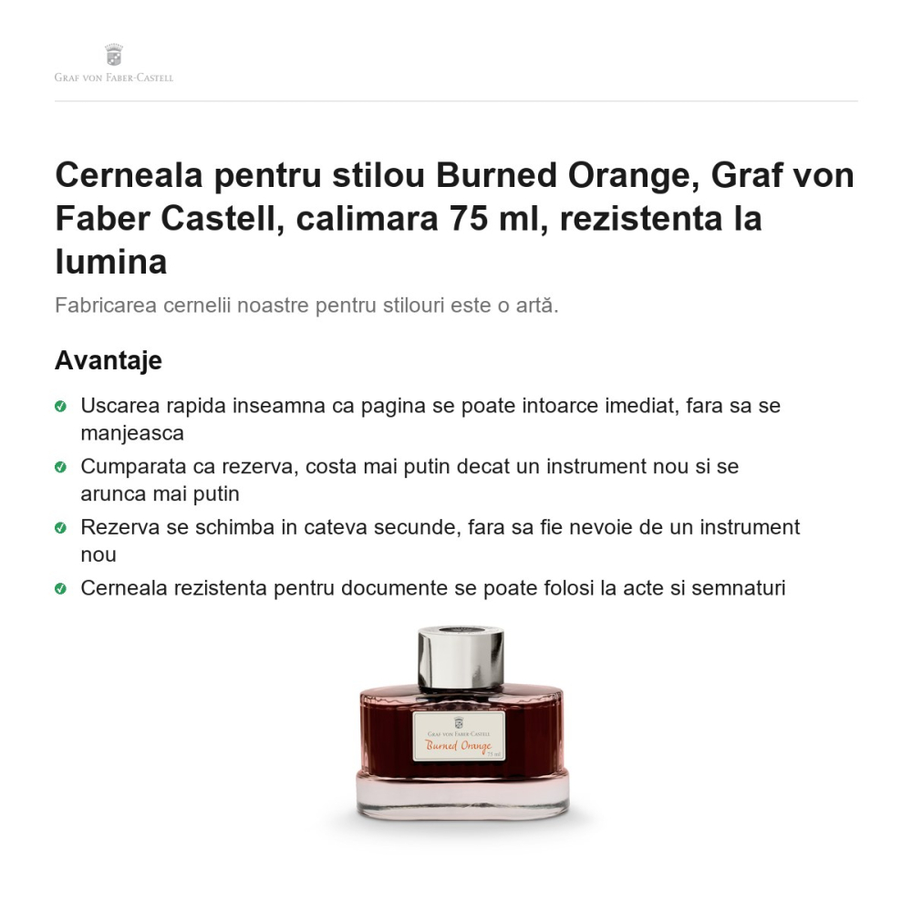 Cerneala pentru stilou Burned Orange, Graf von Faber Castell, calimara 75 ml, rezistenta la lumina [2]