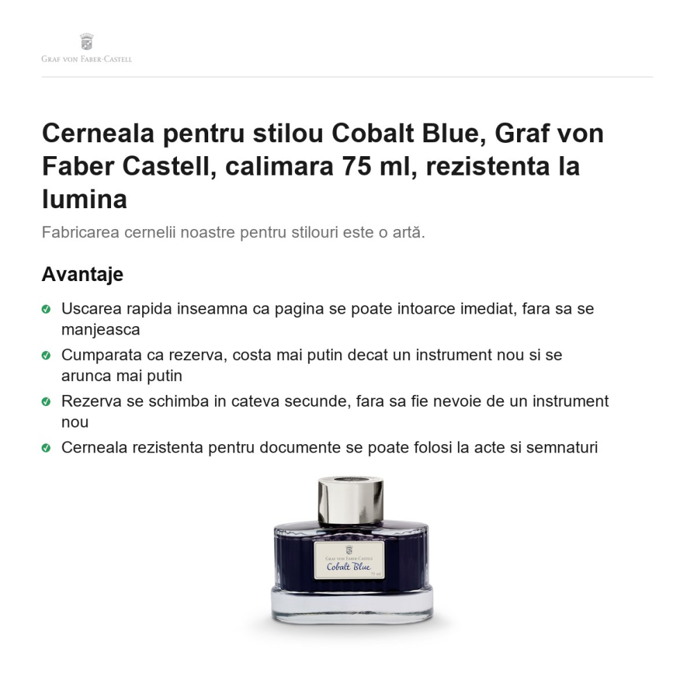 Cerneala pentru stilou Cobalt Blue, Graf von Faber Castell, calimara 75 ml, rezistenta la lumina [2]