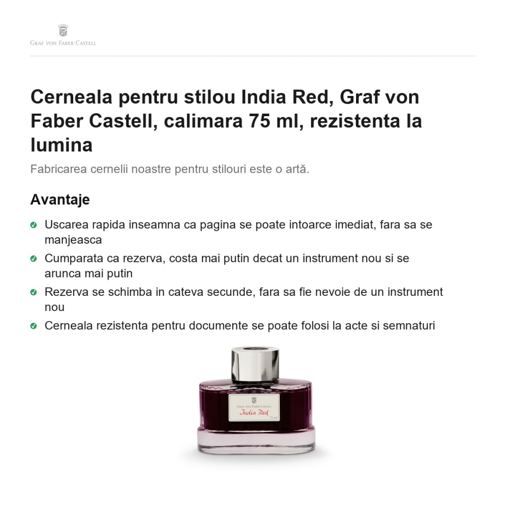 Cerneala pentru stilou India Red, Graf von Faber Castell, calimara 75 ml, rezistenta la lumina [2]