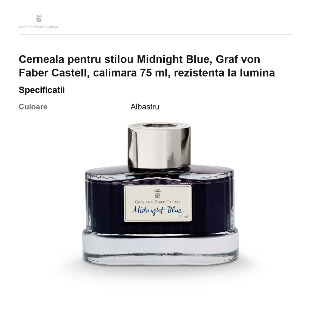 Cerneala pentru stilou Midnight Blue, Graf von Faber Castell, calimara 75 ml, rezistenta la lumina [3]