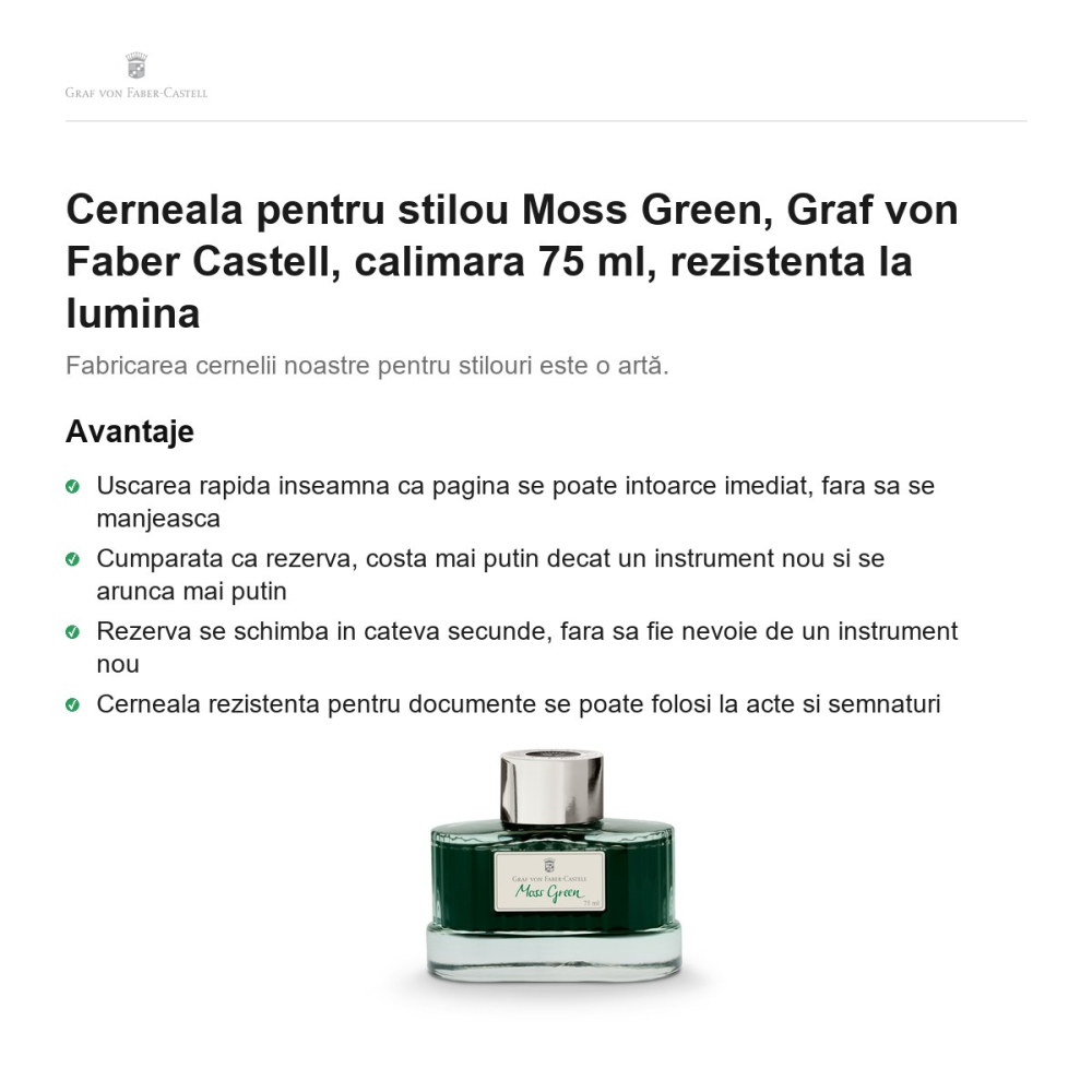 Cerneala pentru stilou Moss Green, Graf von Faber Castell, calimara 75 ml, rezistenta la lumina [2]