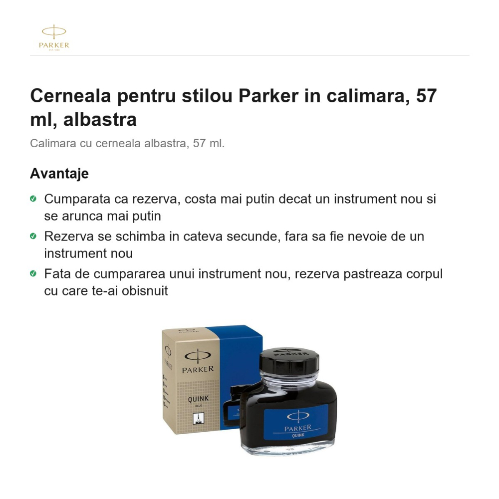 Cerneala pentru stilou Parker in calimara, 57 ml, albastra [2]