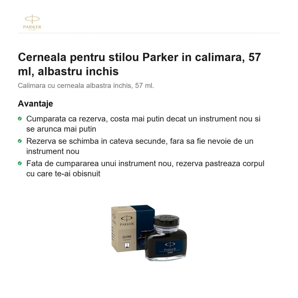 Cerneala pentru stilou Parker in calimara, 57 ml, albastru inchis [2]