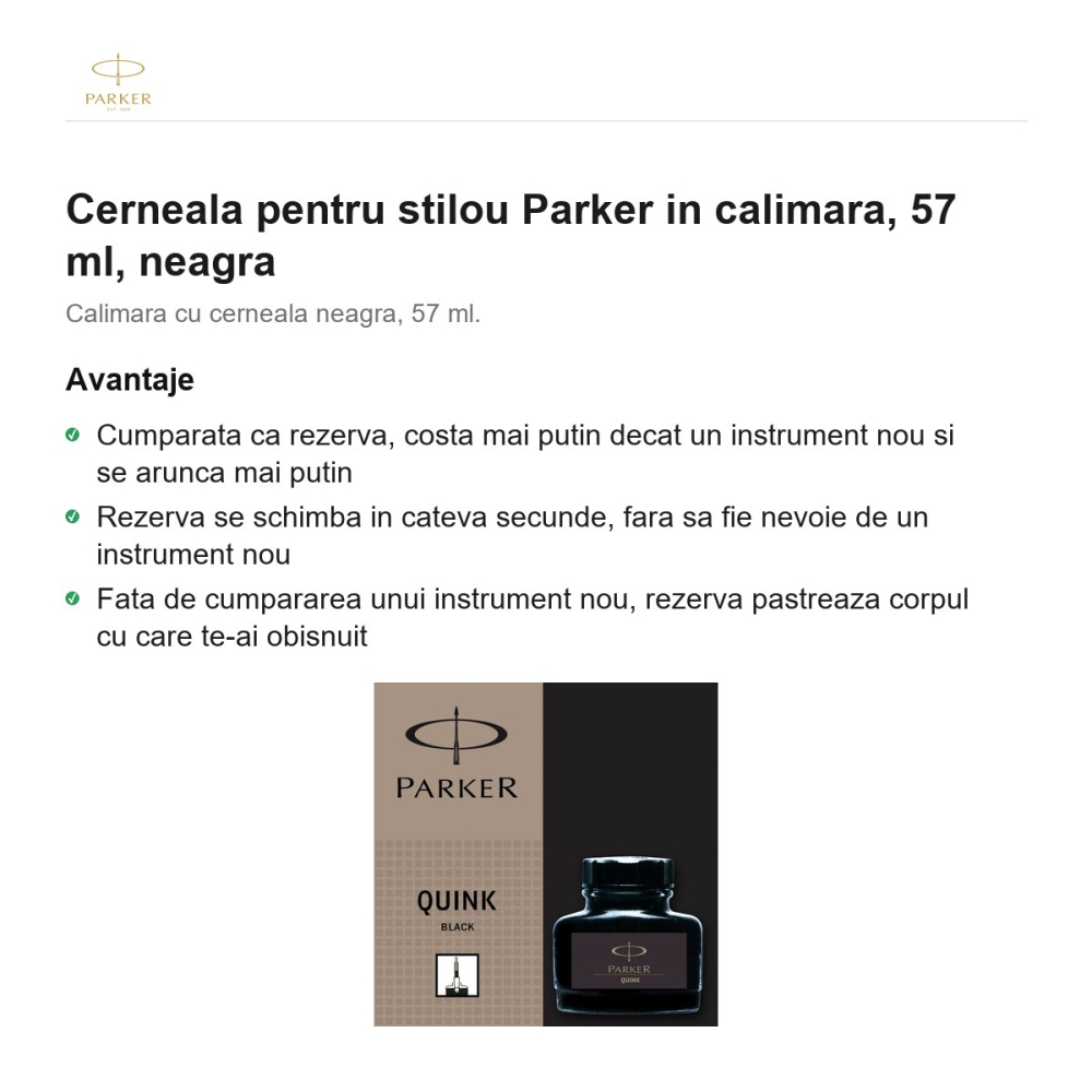 Cerneala pentru stilou Parker in calimara, 57 ml, neagra [2]