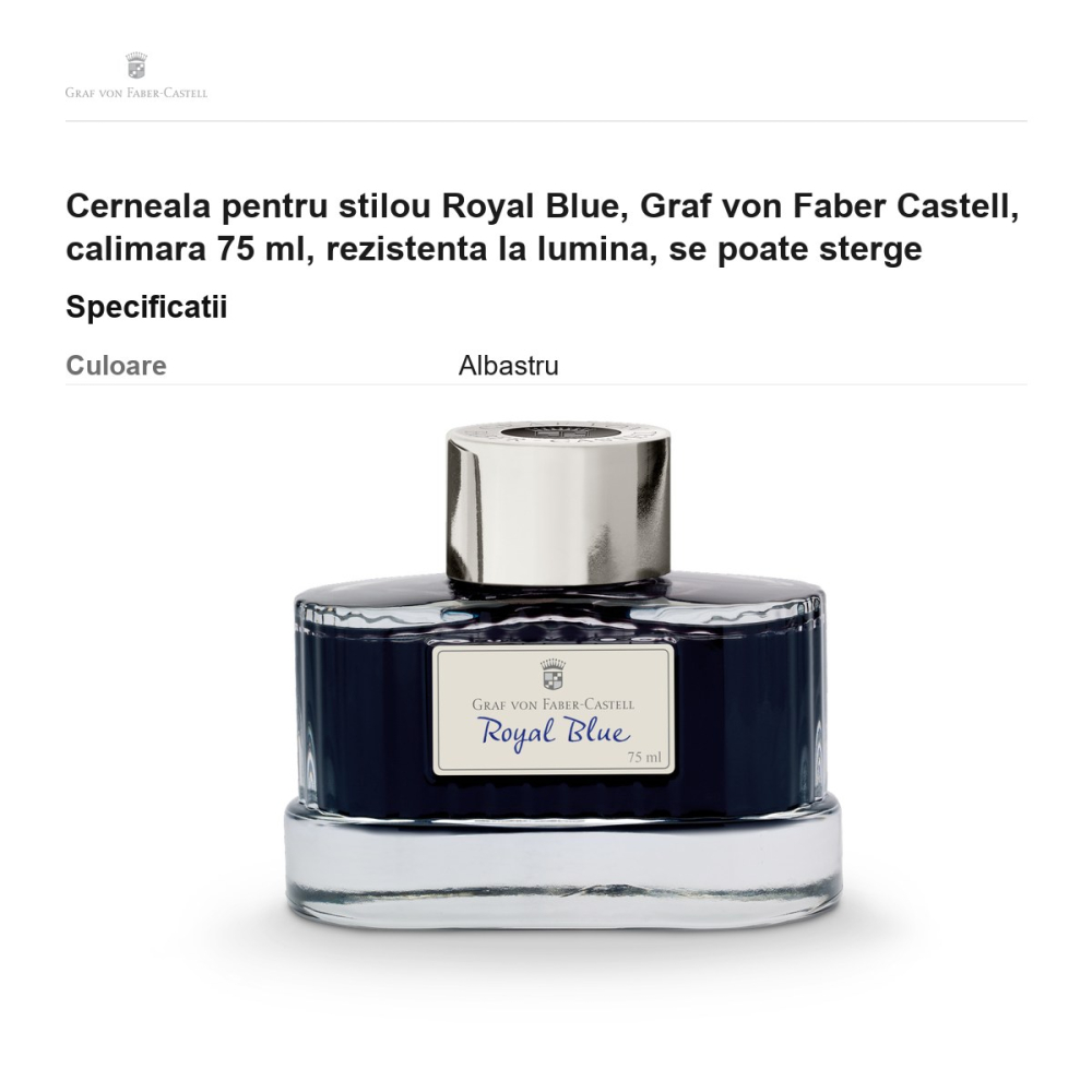 Cerneala pentru stilou Royal Blue, Graf von Faber Castell, calimara 75 ml, rezistenta la lumina, se poate sterge [3]