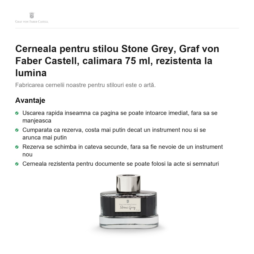 Cerneala pentru stilou Stone Grey, Graf von Faber Castell, calimara 75 ml, rezistenta la lumina [2]