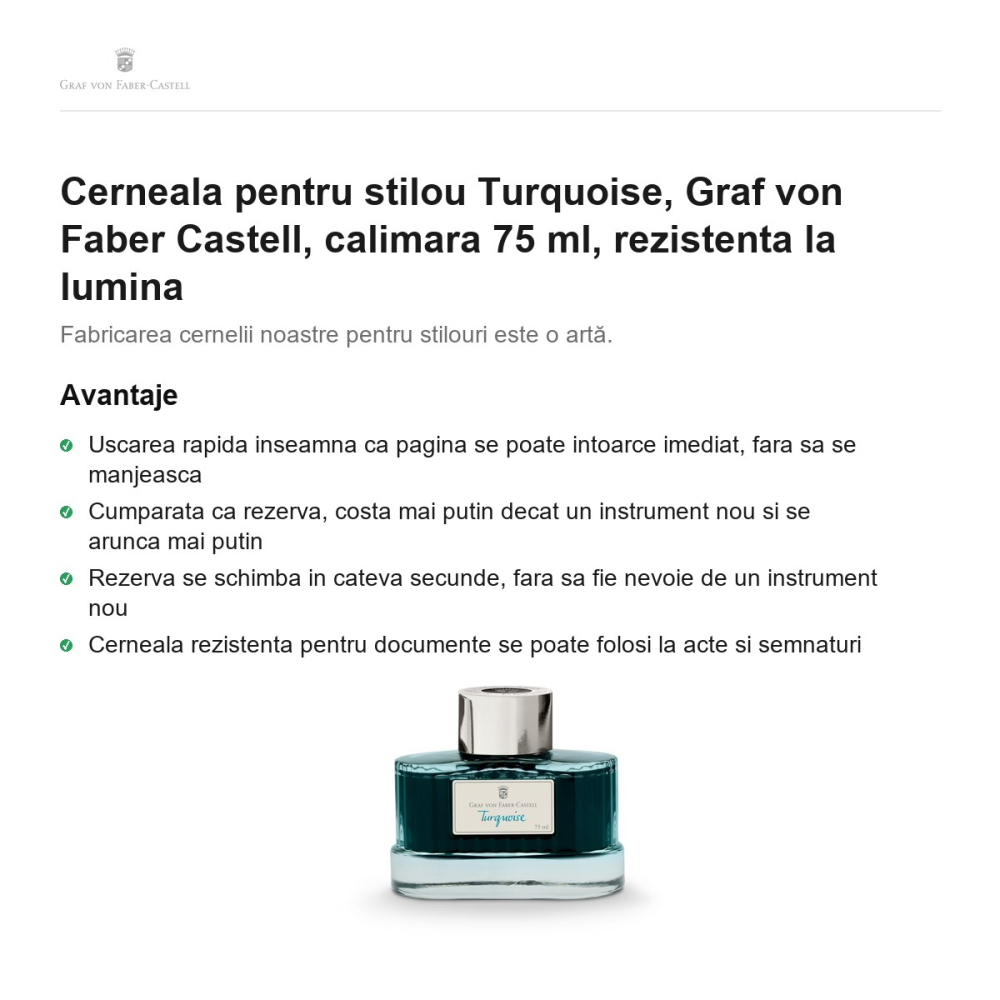 Cerneala pentru stilou Turquoise, Graf von Faber Castell, calimara 75 ml, rezistenta la lumina [2]
