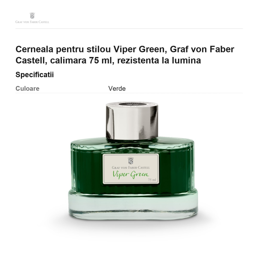 Cerneala pentru stilou Viper Green, Graf von Faber Castell, calimara 75 ml, rezistenta la lumina [3]
