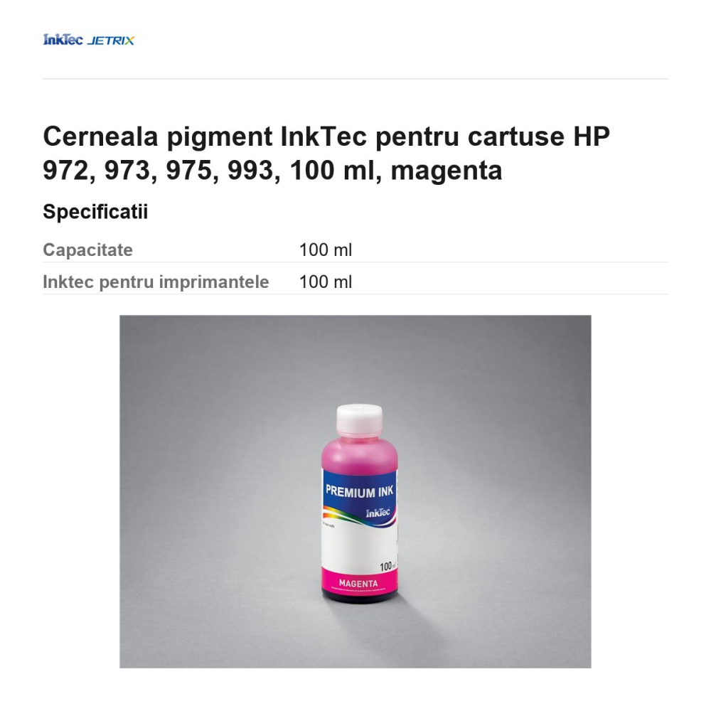 Cerneala pigment InkTec pentru cartuse HP 972, 973, 975, 993, 100 ml, magenta [3]