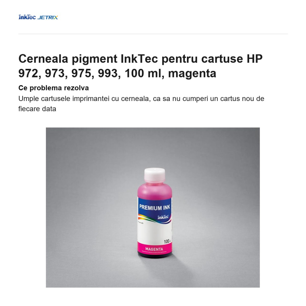 Cerneala pigment InkTec pentru cartuse HP 972, 973, 975, 993, 100 ml, magenta [2]