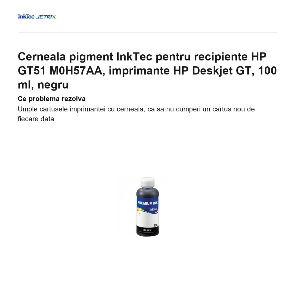 Cerneala pigment InkTec pentru recipiente HP GT51 M0H57AA, imprimante HP Deskjet GT, 100 ml, negru [2]