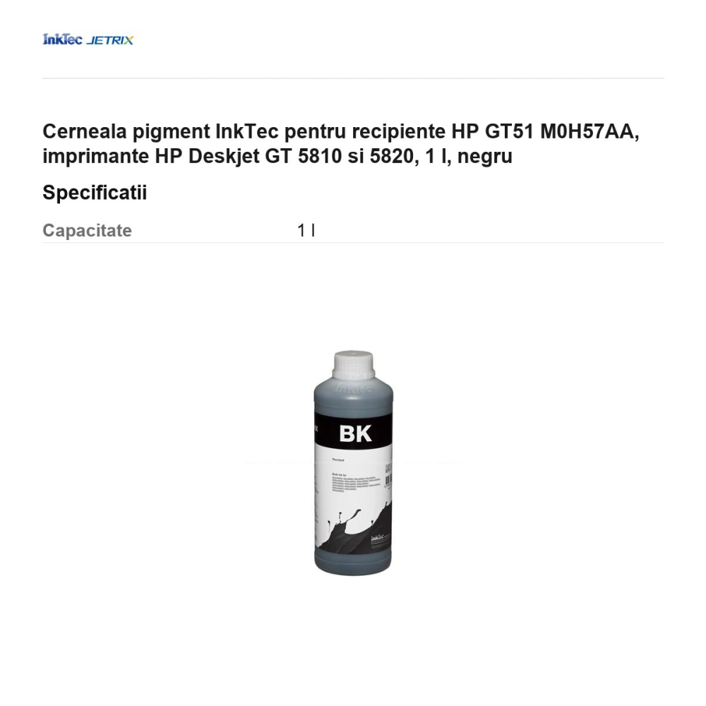 Cerneala pigment InkTec pentru recipiente HP GT51 M0H57AA, imprimante HP Deskjet GT 5810 si 5820, 1 l, negru [3]