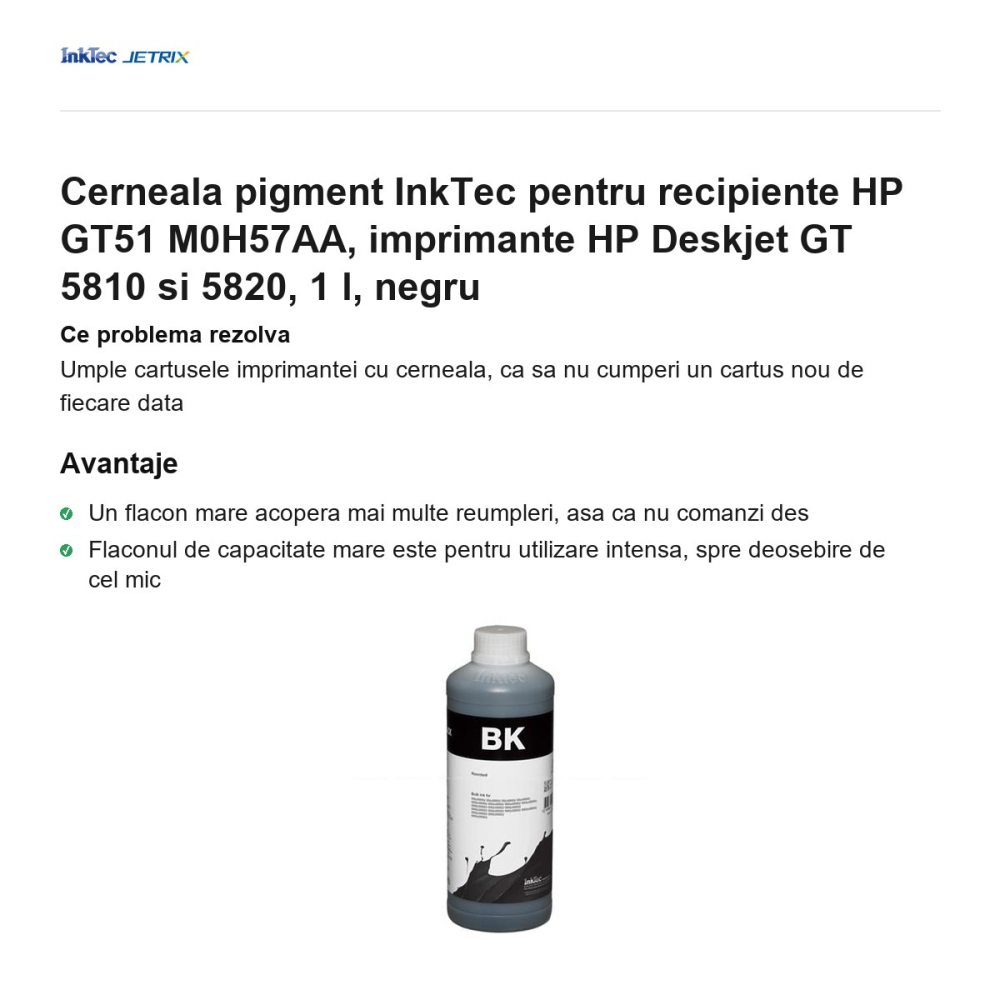 Cerneala pigment InkTec pentru recipiente HP GT51 M0H57AA, imprimante HP Deskjet GT 5810 si 5820, 1 l, negru [2]