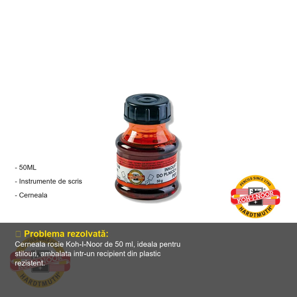 Cerneala rosie la calimara Koh-I-Noor, 50 ml, pentru stilou, recipient plastic rezistent [2]