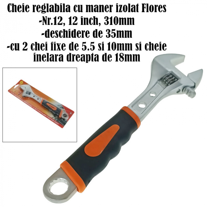 Cheie reglabila cu maner izolat, 12 inch-310mm, deschidere de 35mm, Flores 10170, cu 2 chei fixe de 5.5 si 10mm si cheie inelara dreapta de 18mm, neagra [6]