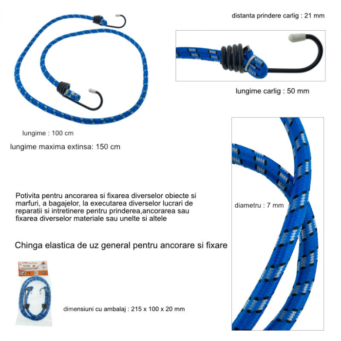 Chinga elastica FS-11635BL, 7mm X 100cm, coarda flexibila pentru ancorare si fixare, uz general, albastra [6]