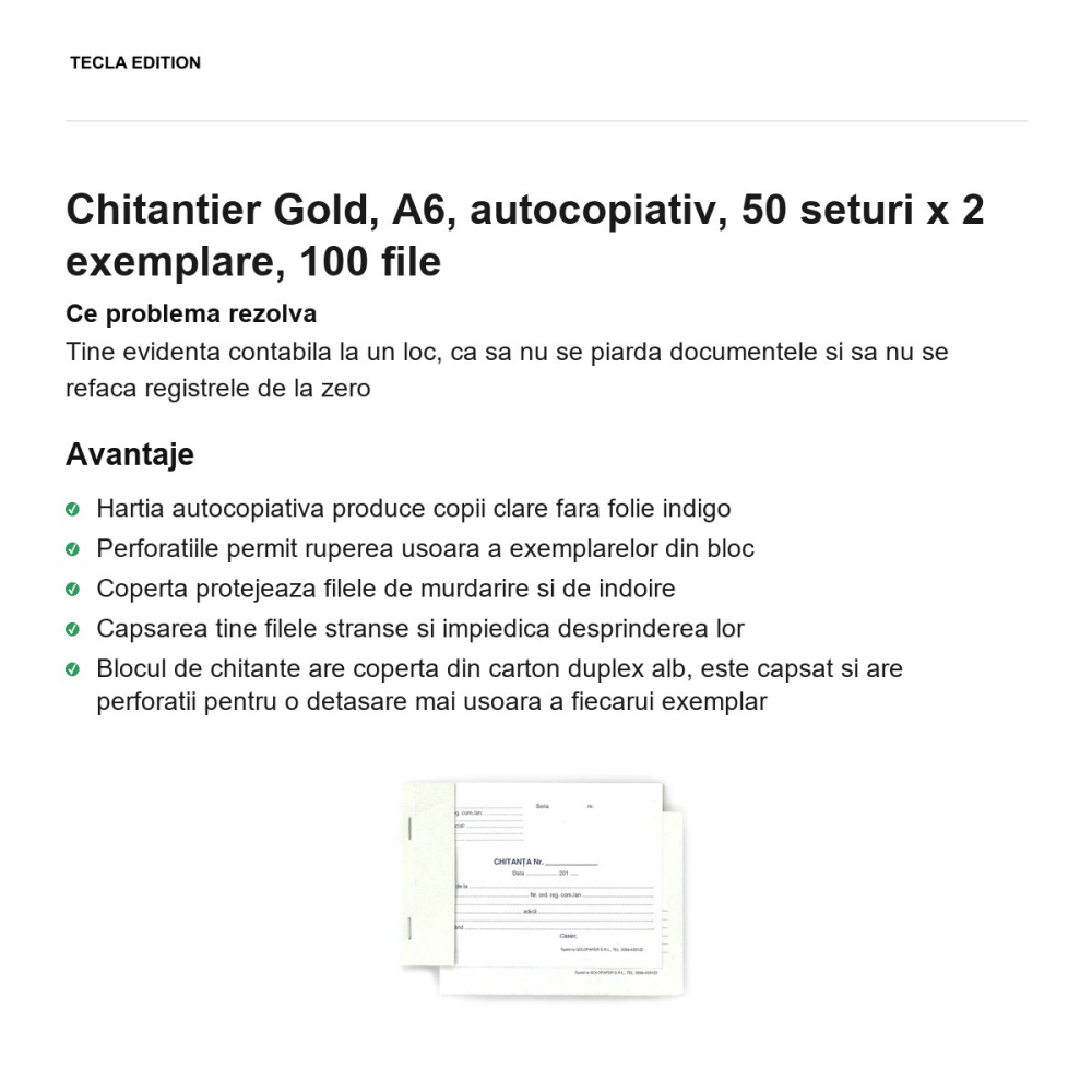 Chitantier Gold, A6, autocopiativ, 50 seturi x 2 exemplare, 100 file [2]