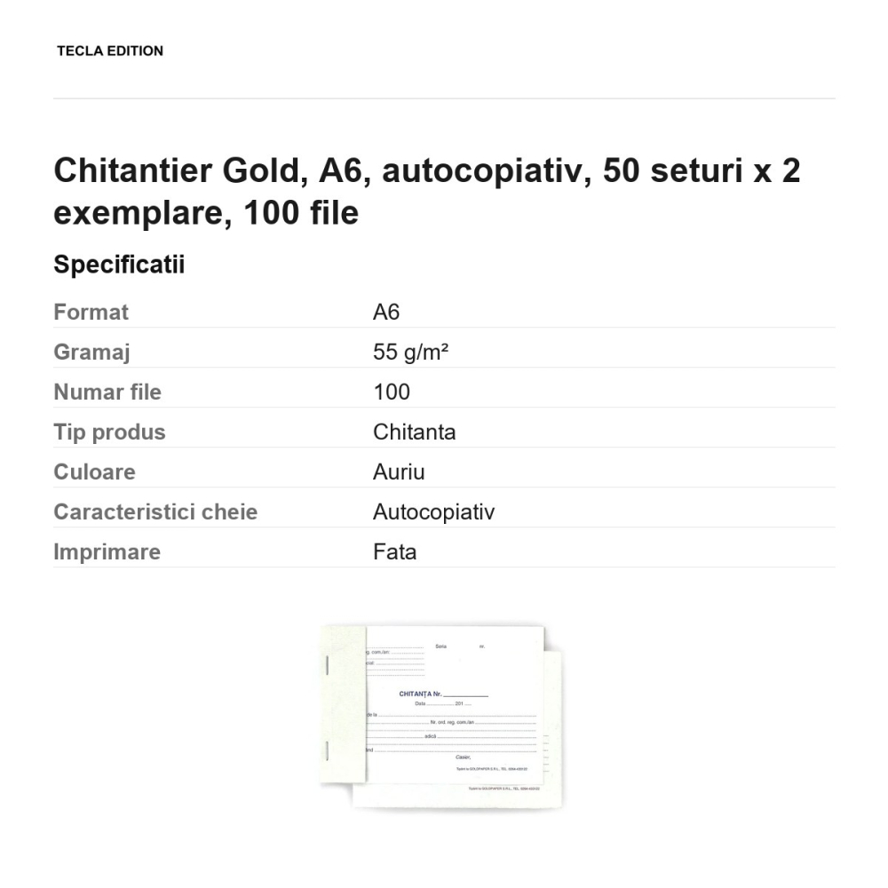 Chitantier Gold, A6, autocopiativ, 50 seturi x 2 exemplare, 100 file [3]