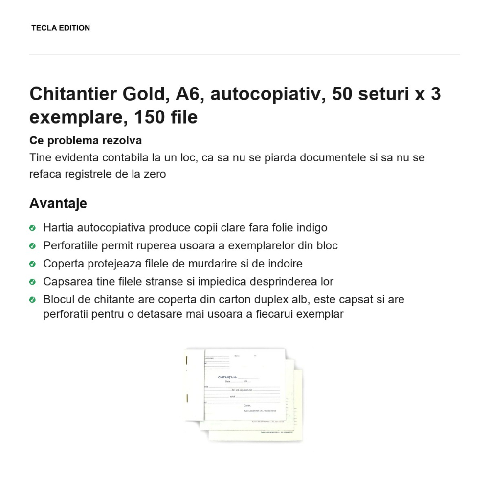 Chitantier Gold, A6, autocopiativ, 50 seturi x 3 exemplare, 150 file [2]