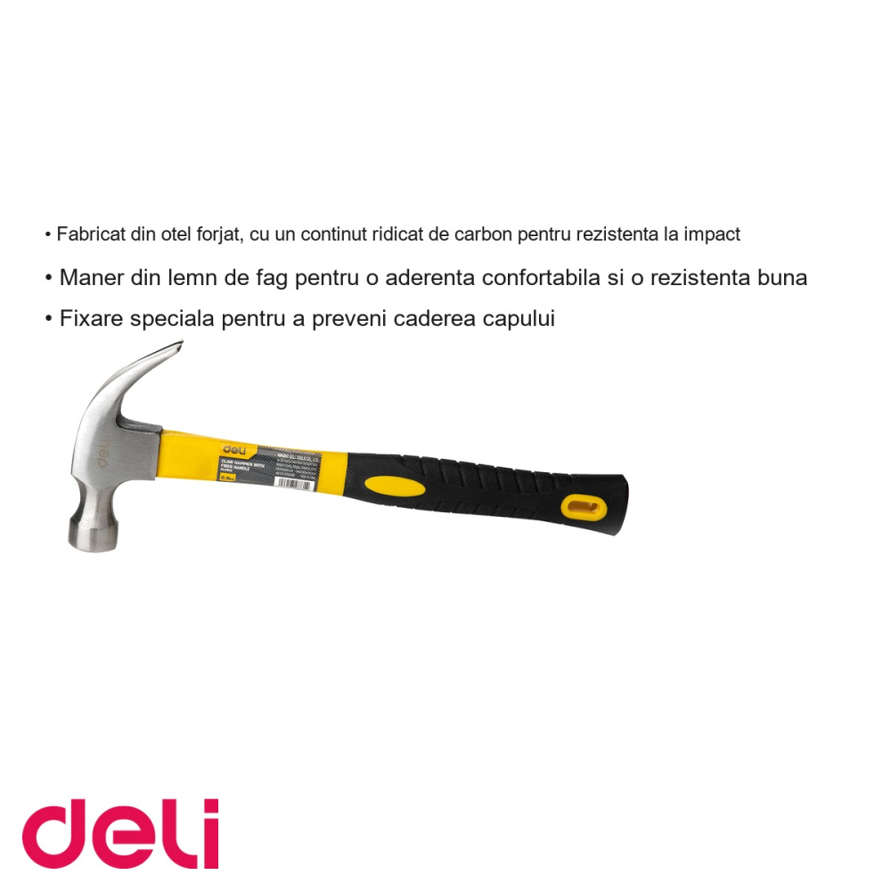 Ciocan de tamplarie Deli, cap din otel forjat 500g, maner din lemn de fag, pentru uz profesional [3]