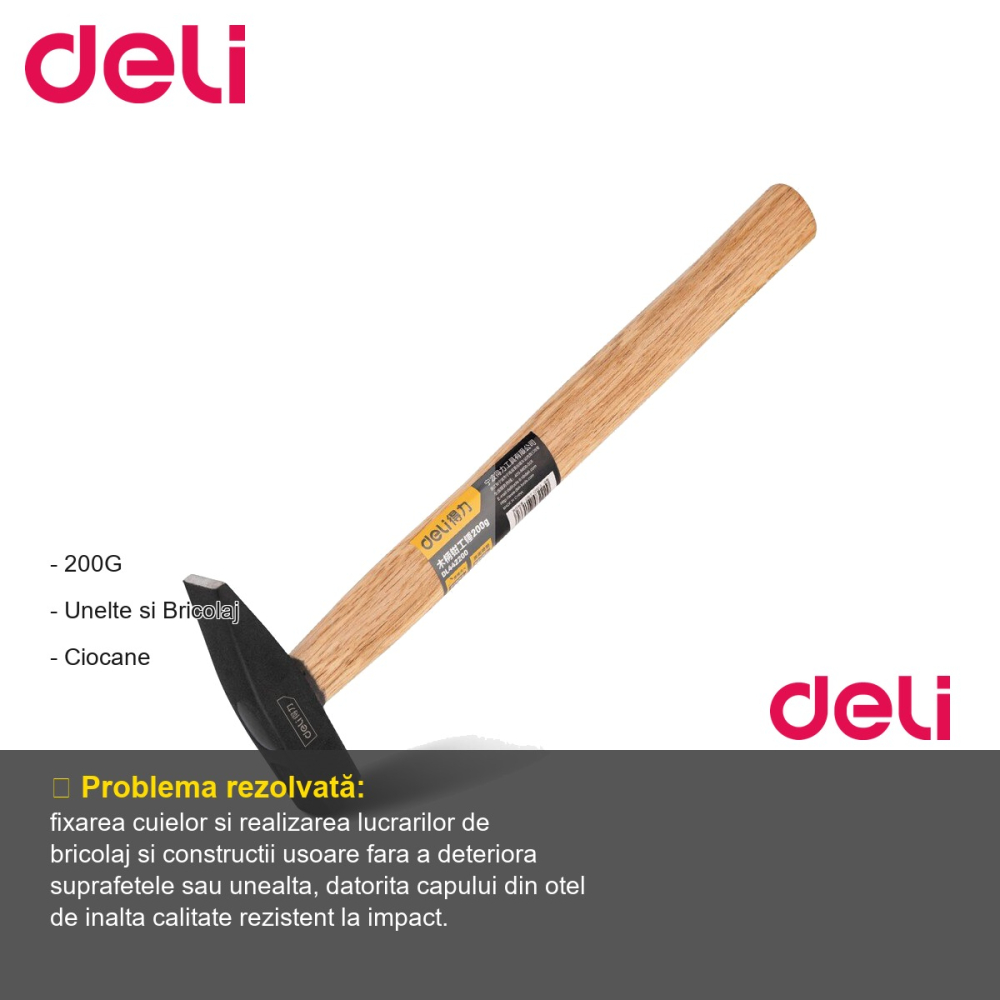 Ciocan metal simplu Deli 200g, cap otel carbon inalt, pentru lucrari de constructii si bricolaj [2]