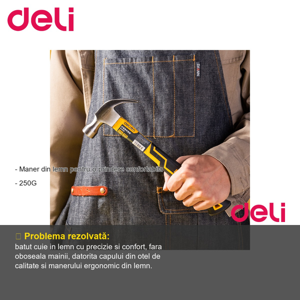 Ciocan pentru tamplarie Deli, cap din otel cu carbon inalt, maner din lemn, 250g [2]