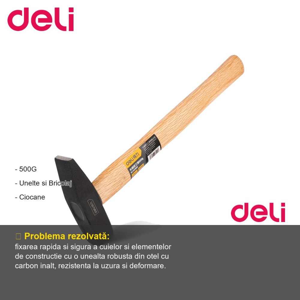 Ciocan simplu Deli 500g, cap din otel cu carbon inalt, pentru lucrari de constructii si bricolaj [2]
