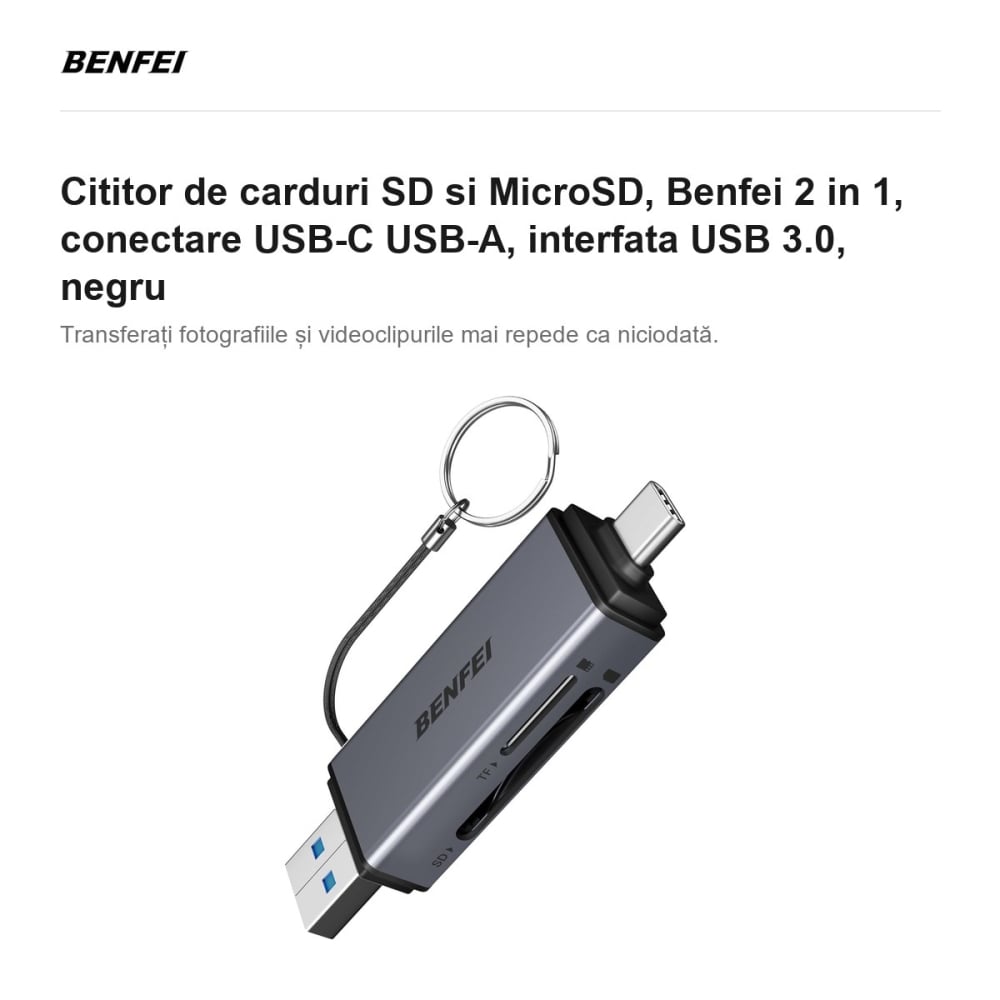 Cititor de carduri SD si MicroSD, Benfei 2 in 1, conectare USB-C USB-A, interfata USB 3.0, negru [2]