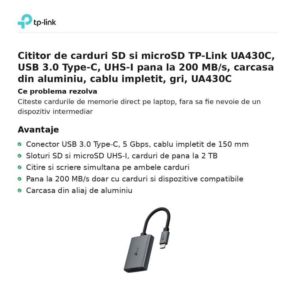 Cititor de carduri SD si microSD TP-Link UA430C, USB 3.0 Type-C, UHS-I pana la 200 MB/s, carcasa din aluminiu, cablu impletit, gri, UA430C [2]