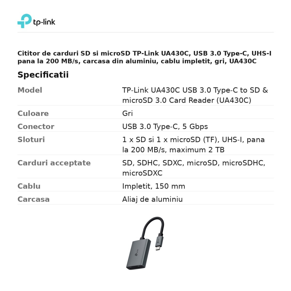 Cititor de carduri SD si microSD TP-Link UA430C, USB 3.0 Type-C, UHS-I pana la 200 MB/s, carcasa din aluminiu, cablu impletit, gri, UA430C [3]