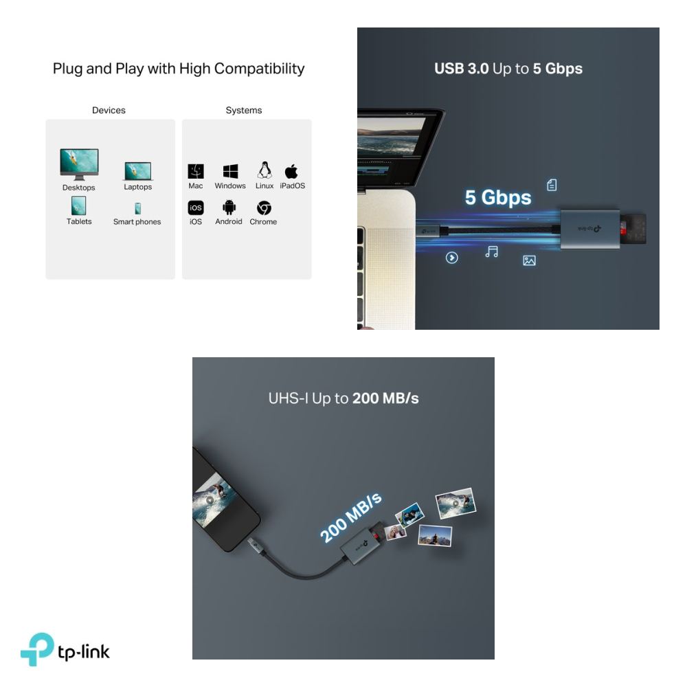 Cititor de carduri SD si microSD TP-Link UA430C, USB 3.0 Type-C, UHS-I pana la 200 MB/s, carcasa din aluminiu, cablu impletit, gri, UA430C [5]