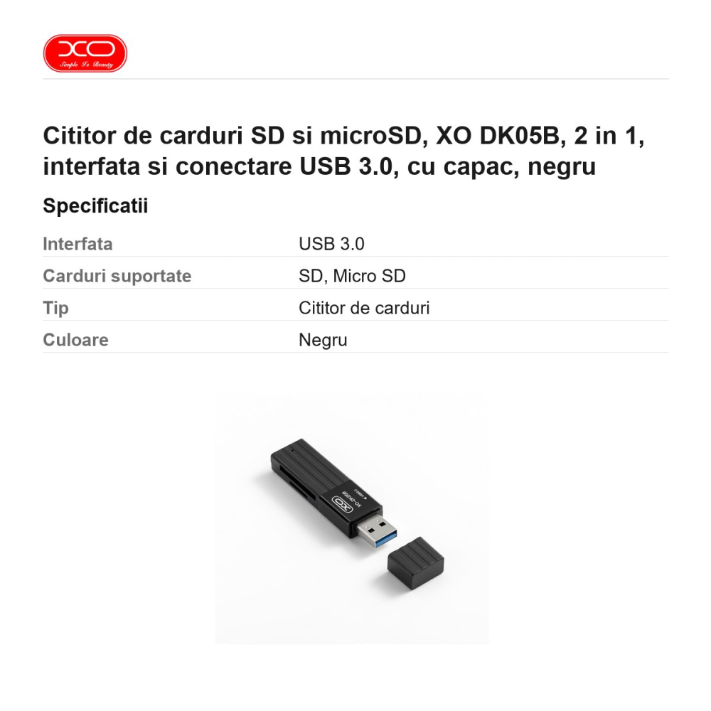 Cititor de carduri SD si microSD, XO DK05B, 2 in 1, interfata si conectare USB 3.0, cu capac, negru [3]