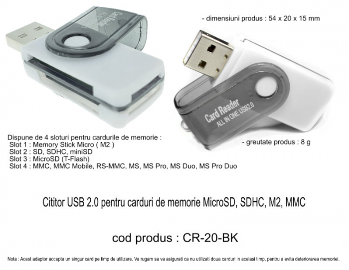Cititor USB 2.0 pentru carduri de memorie MicroSD, SDHC, M2, MMC, cu capac rotativ, alb cu negru [5]