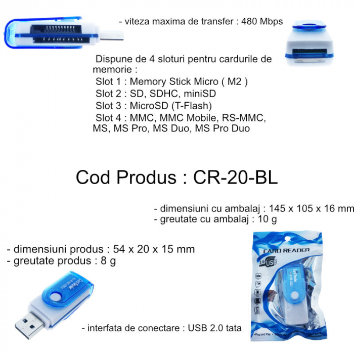 Cititor USB 2.0 pentru carduri de memorie MicroSD, SDHC, M2, MMC, cu capac rotativ, albastru [6]