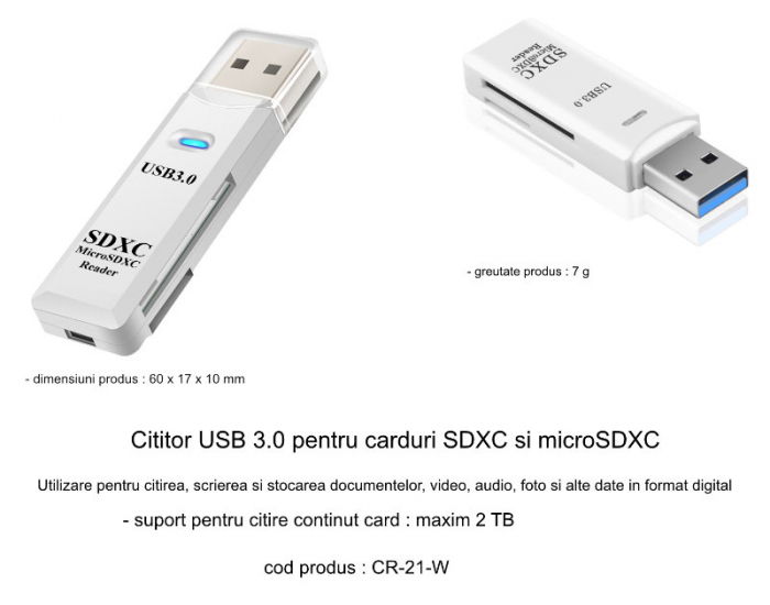Cititor USB 3.0 pentru carduri SDXC si microSDXC, scriere, stocare si transfer date, indicator LED, cu capac, alb [5]