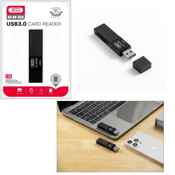 Cititor USB 3.0 pentru carduri SDXC si microSDXC, XO DK05B, scriere, stocare si transfer date, cu capac, negru [3]