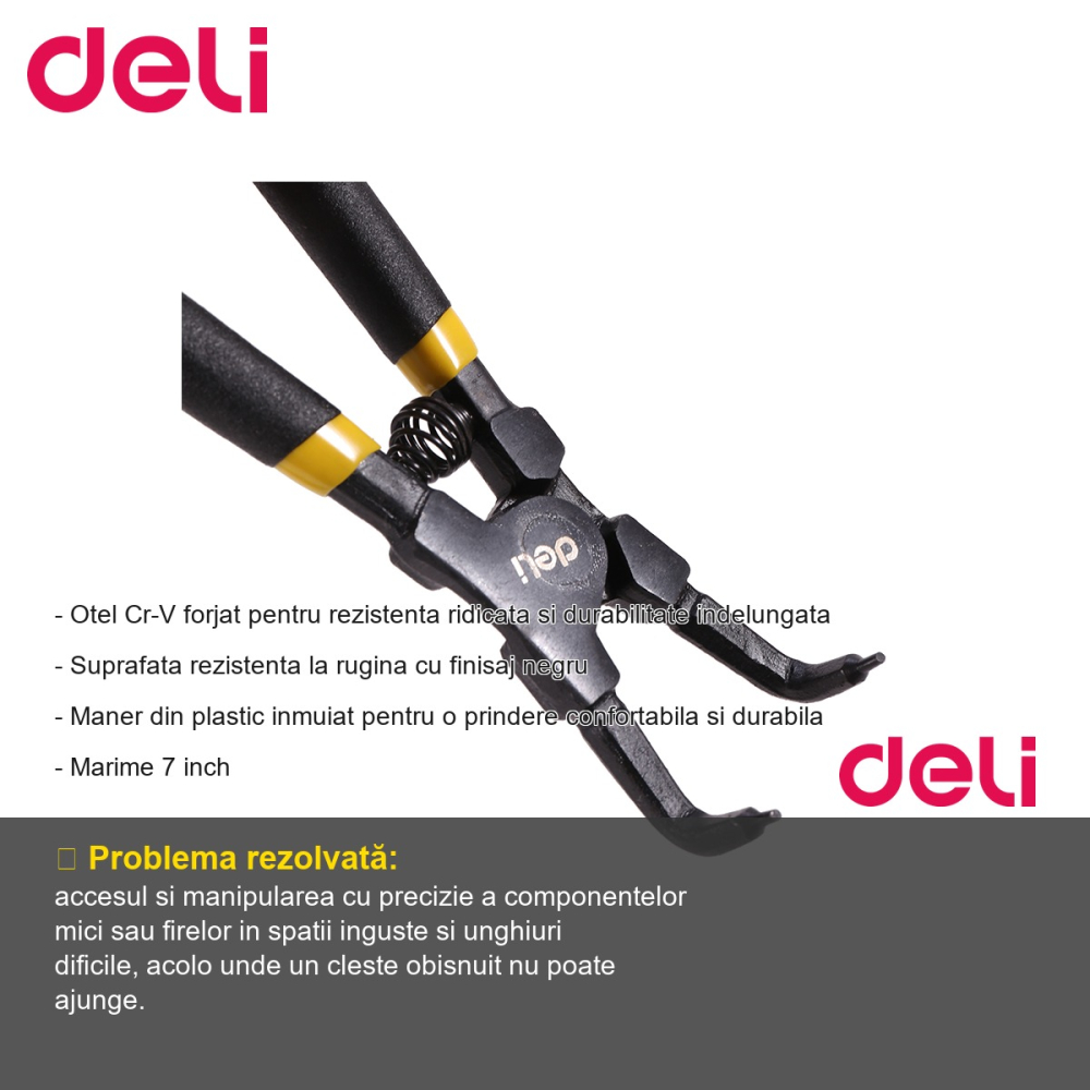 Cleste cu varf subtire curbat Deli DL20024, 7 inch, otel Cr-V, finisaj negru antirugina, pentru electricieni si mecanici [2]
