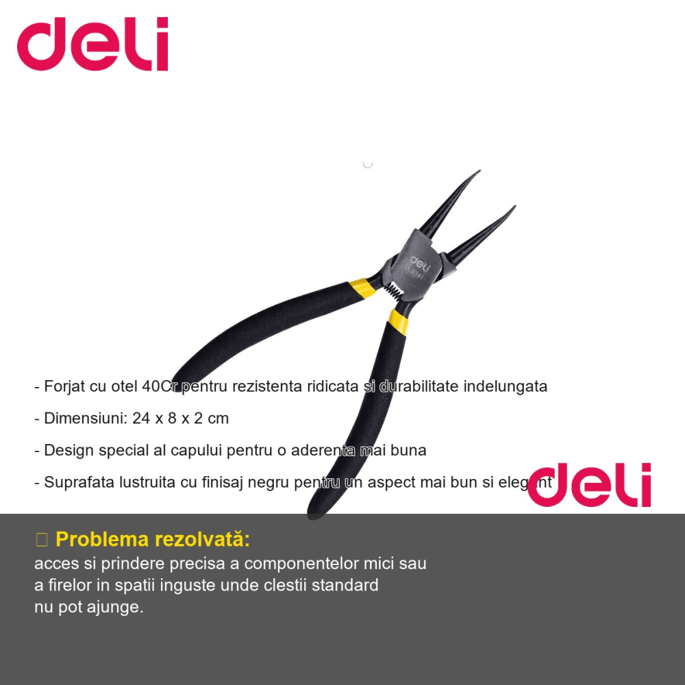 Cleste cu varf subtire pentru precizie Deli DL0342, 7 inch, finisaj negru, pentru lucrari fine si tehnice [2]